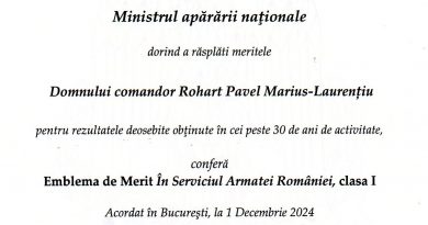 Directorul MNMR comandor Marius Laurențiu ROHART a primit Emblema de Merit în Serviciul Armatei României, clasa I